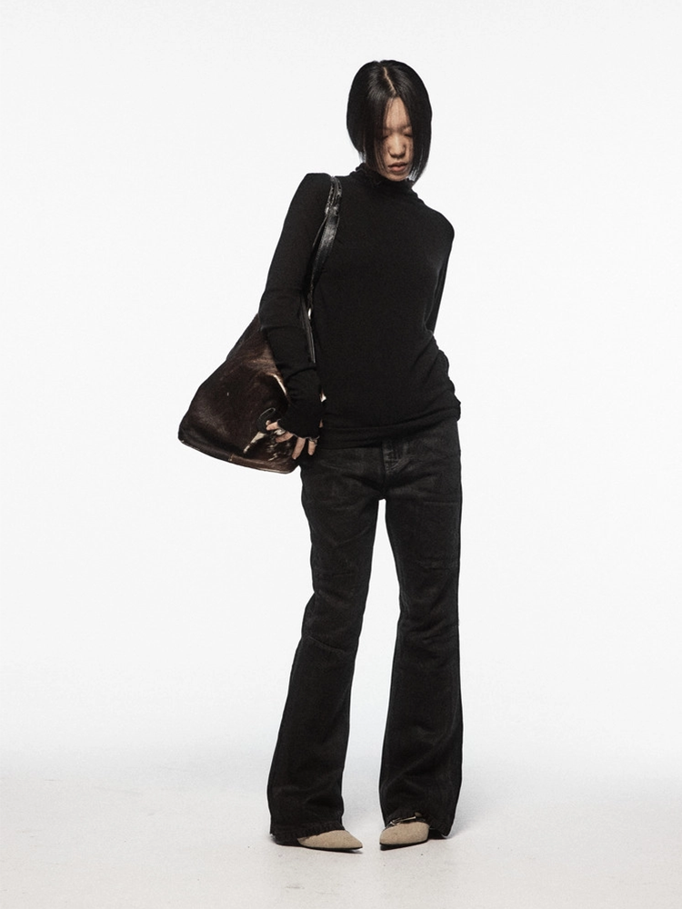 WAXED FLARE DENIM PANTS (BLACK)