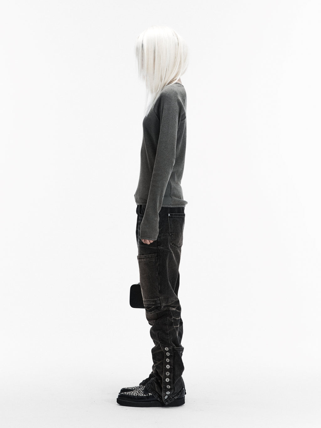 BUTTON BIKER DENIM PANTS (WASHED BLACK)