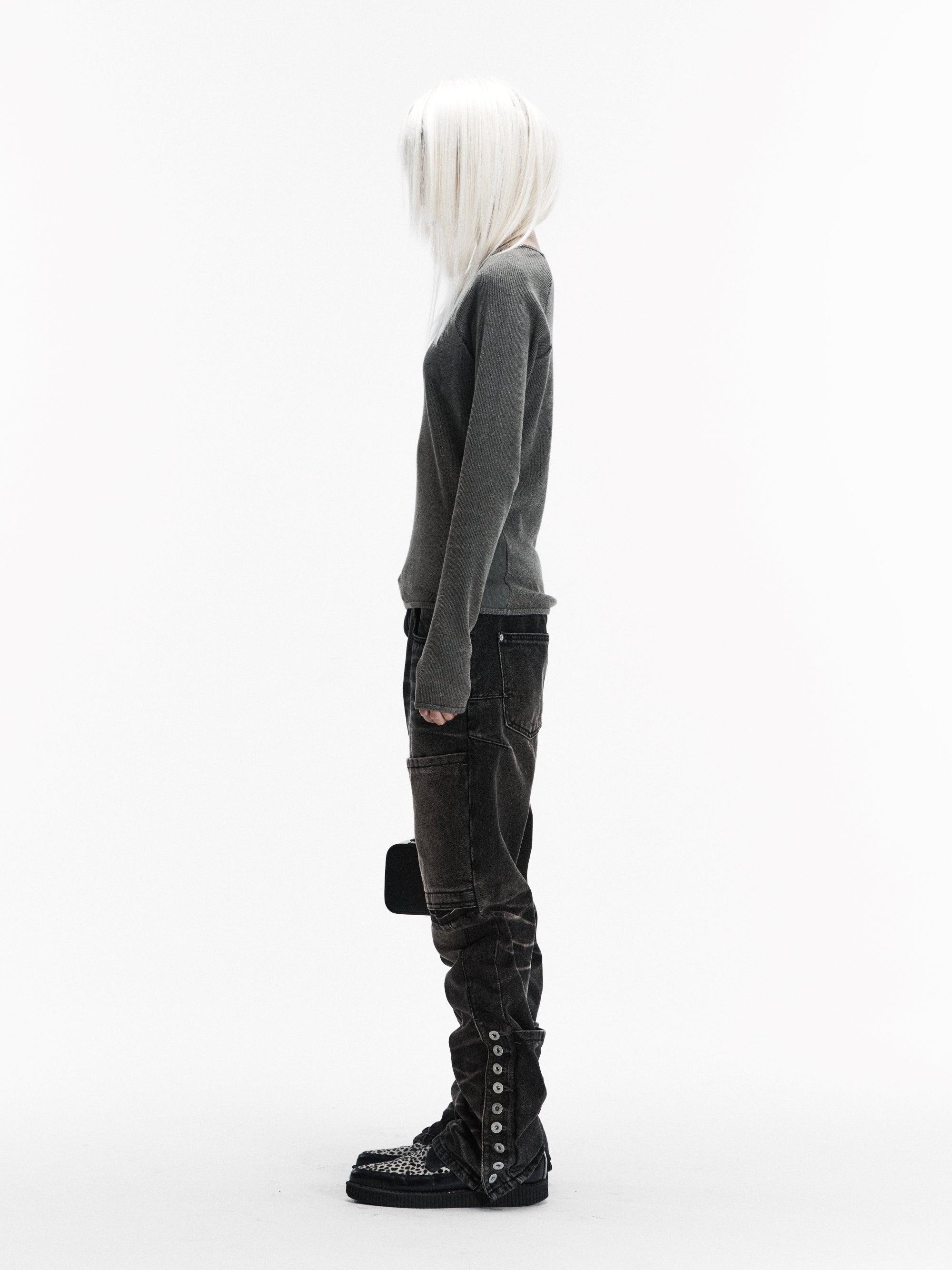 BUTTON BIKER DENIM PANTS (WASHED BLACK)