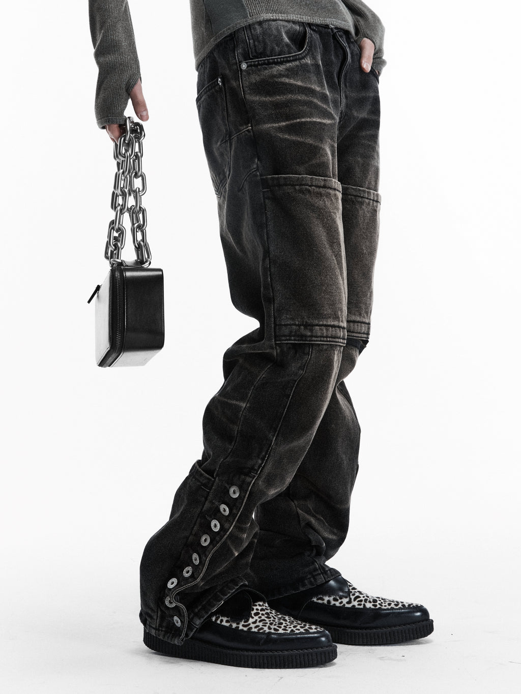 BUTTON BIKER DENIM PANTS (WASHED BLACK)