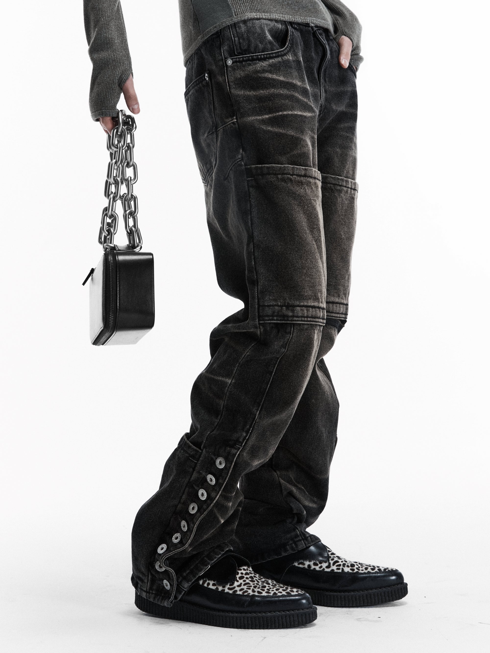 BUTTON BIKER DENIM PANTS (WASHED BLACK)