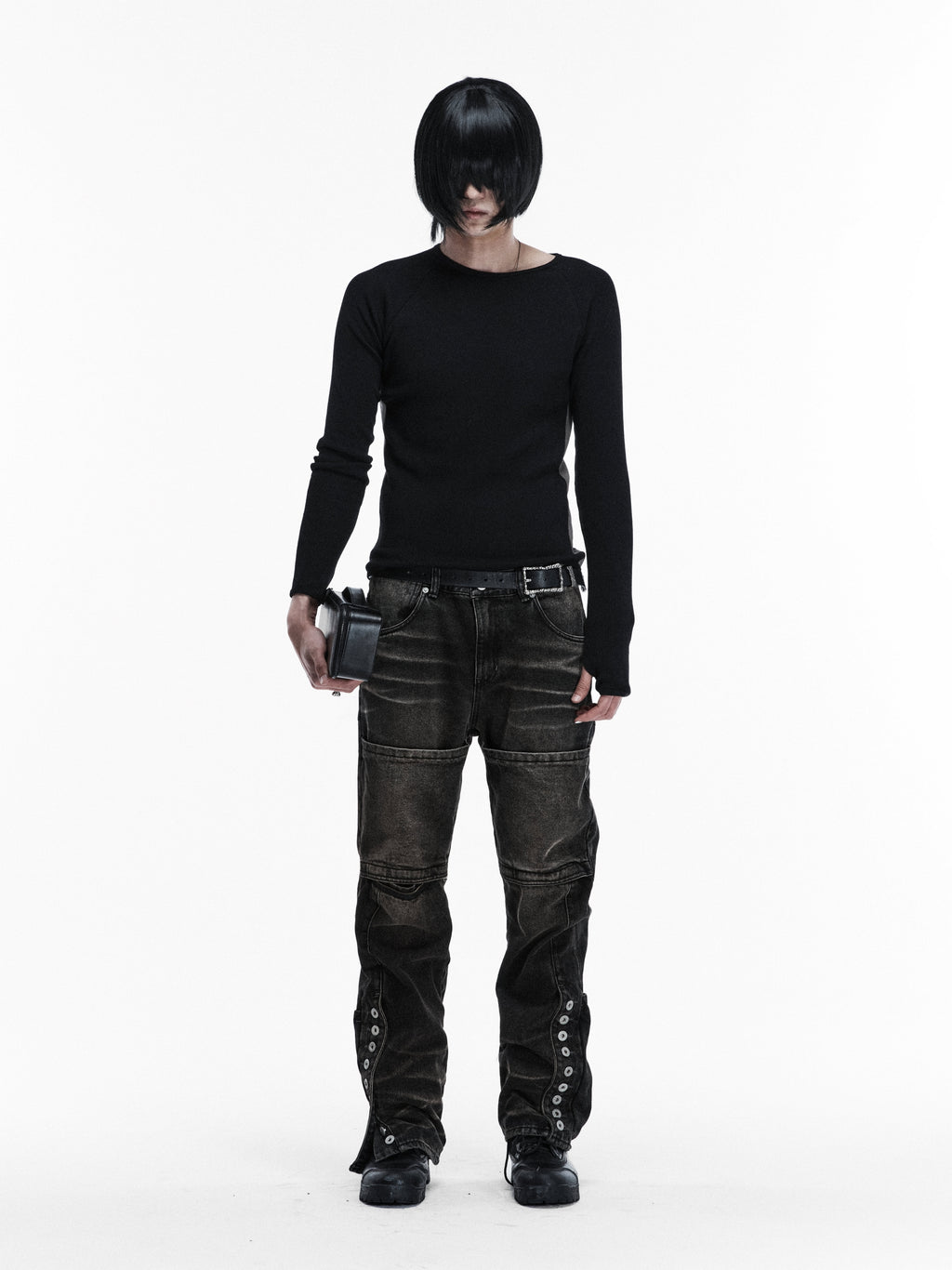 BUTTON BIKER DENIM PANTS (WASHED BLACK)