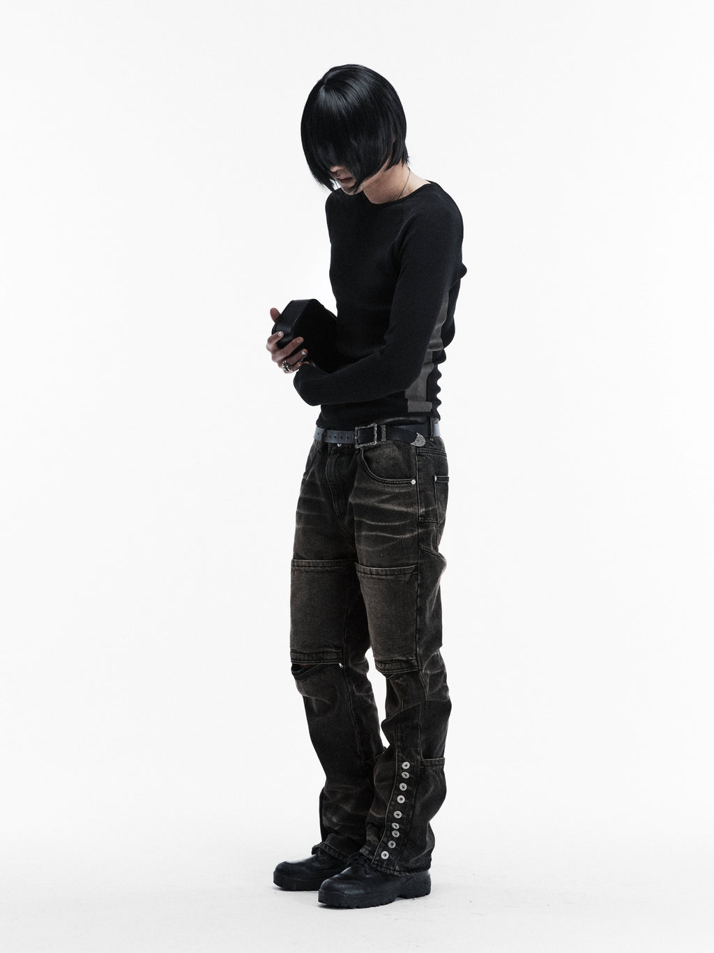 BUTTON BIKER DENIM PANTS (WASHED BLACK)